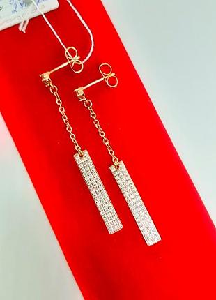 Серьги-гвоздики позолоченные, сережки длинные позолота