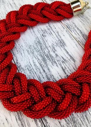 Красное колье коса из бисера 2