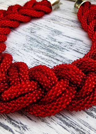 Красное колье коса из бисера 3