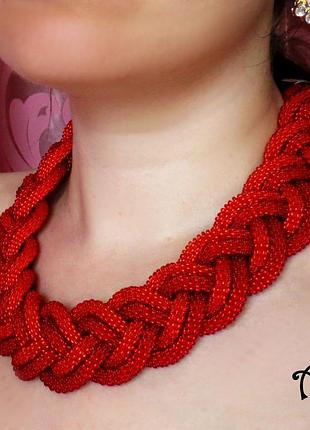 Красное колье коса из бисера 4