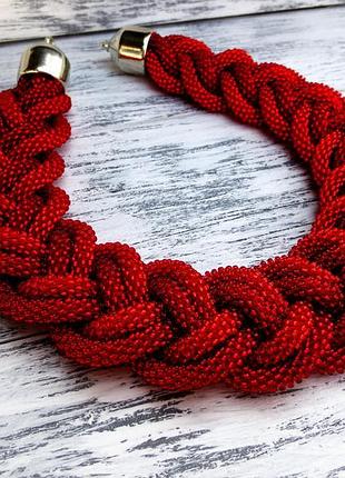 Красное колье коса из бисера 5