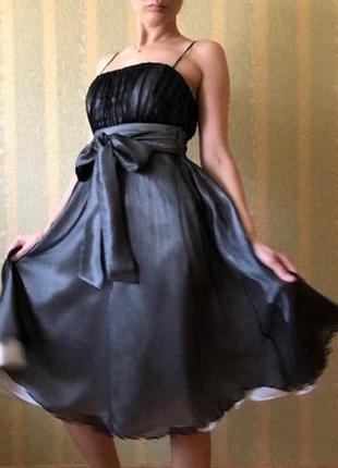 Сребристое атласное шифоновое вечернее выпускное коктейльное платье3 фото