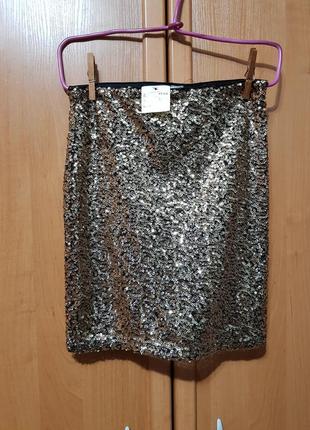 Стильная нарядная юбка, черная юбочка в золотистых пайетках, блестящая юбка, спідниця2 фото