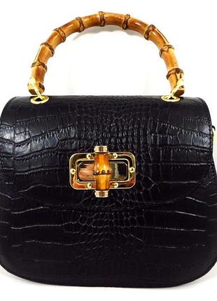 Сумка із натуральної шкіри з бамбуковою ручкою. італія чорна