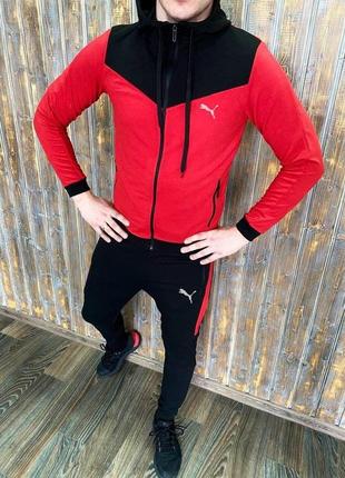 Топовий чоловічий спортивний костюм puma з капюшоном червоний на манжеті блискавки2 фото