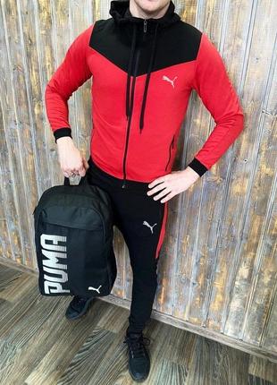 Топовый мужской спортивный костюм Shoes puma с капюшоном красный на манжете молнии