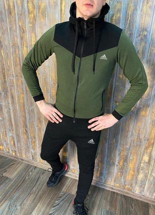 Топовий чоловічий спортивний костюм adidas з капюшоном хакі на блискавці