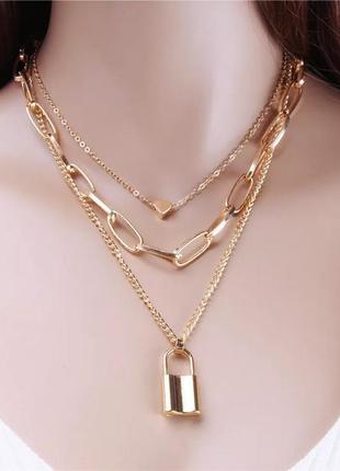 Масивне намисто, кольє чокер багатошарова ланцюжок 3 золотиста з підвіскою серце замок