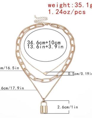 Массивное ожерелье колье чокер многослойная цепочка 3 золотистая с подвеской сердце замок5 фото