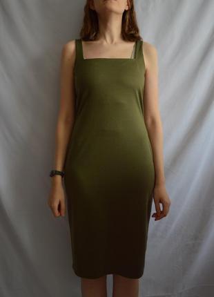 Трикотажное платье цвета хаки с прямым вырезом primark, приталенное платье2 фото