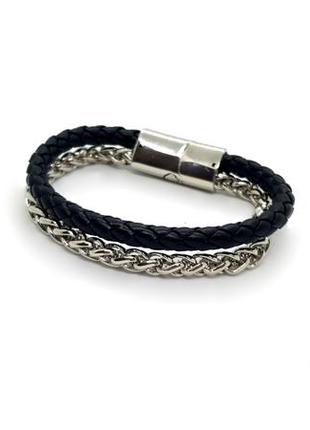 🖤🤴 чоловічий браслет 2в1 ланцюжок і кіска еко шкіра магнітна застібка