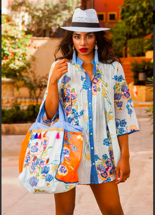 Брендовая свободная голубая туника-рубашка на пуговицах  из хлопка indiano, fresh-cotton