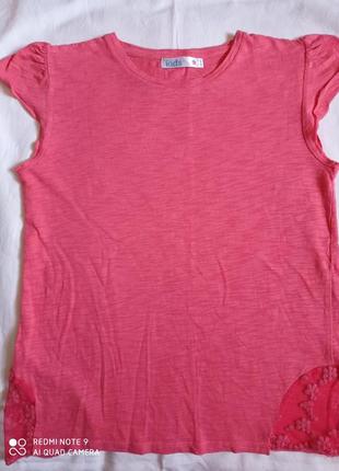 Р12. бавовняна класна рожева тоненька трикотажна футболка з мереживом бавовна 100