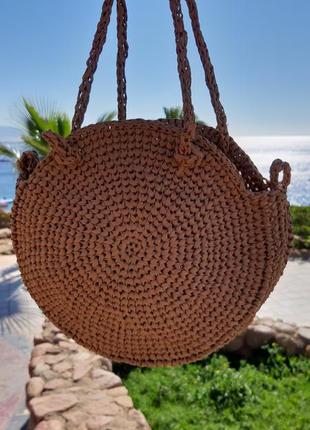 Кругла сумка з рафії бежева в'язана жіноча сумочка з короткими ручками пляжна сумка