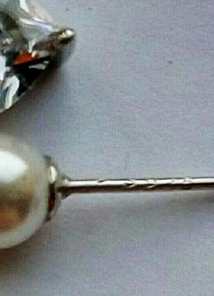 Серьги сережки гвоздики фианиты жемчуг покрытие серебро 9254 фото