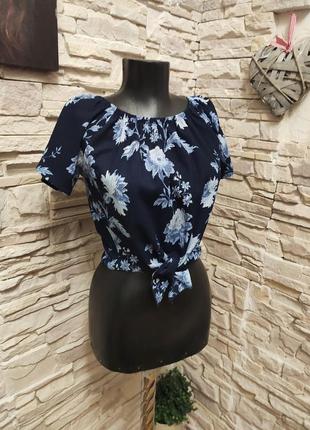 Топ кроп-топ синий укороченая блуза принт цветы h&m кармен2 фото