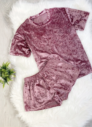 Піжамка футболка і шорти ,оксамитовий комплект для дому та сну темно-рожевий l-xl2 фото