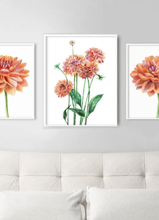 Модульна інтер'єрна картина аквареллю "жоржини" - квіти помаранчеві мінімалізм білий фон1 фото