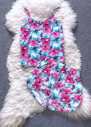 Яркая пижама домашний набор цветочный майка шорты натуральный3 фото
