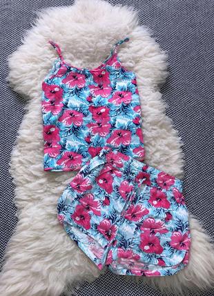 Яркая пижама домашний набор цветочный майка шорты натуральный4 фото