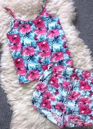 Яркая пижама домашний набор цветочный майка шорты натуральный6 фото