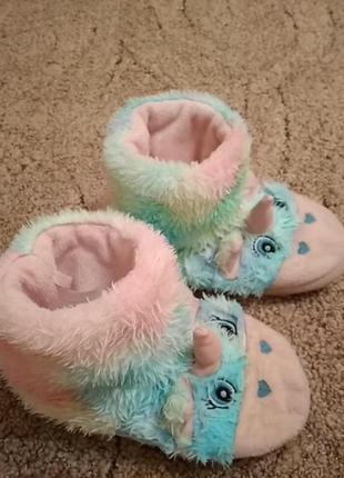 Теплые меховые плюшевые тапочки единорог