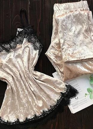 Красивий і зручний велюровий комплект, піжама, штани, майка, халат, подарунок