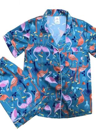 Женская атласная пижама с шортами фламинго