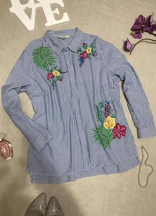 Смугаста сорочка з яскравою вишивкою plus-size