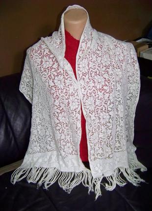 Белый ажурный хлопковый шарф с бахромой1 фото