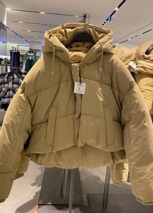 Куртка zara puffer crop бежевая2 фото