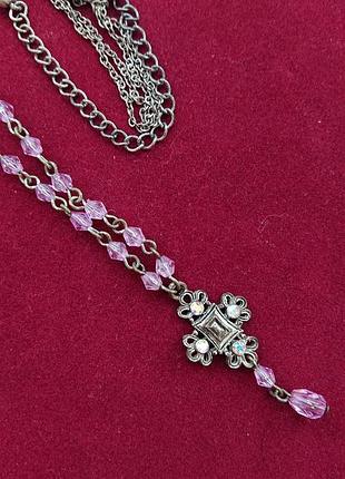 Кольє: ланцюжок з хрестиком: аметистове скло і кристали аврора бореаліс, стара чехія
