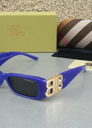 Burberry стильные узкие женские солнцезащитные очки синие с золотым логотипом