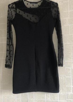 Платье чёрное короткое нарядное в горох сетка  праздничное вечернее с шифоном1 фото