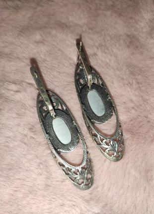 Шикарные серебряные серьги 925 пробы с камнем кошачий глаз3 фото