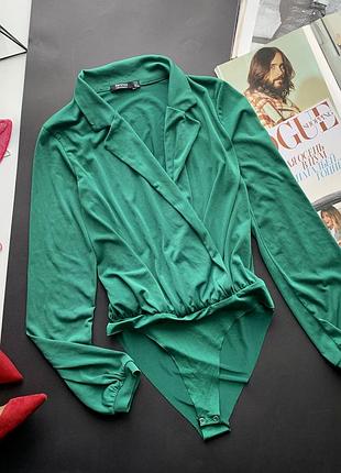 🩱зелёная блузка-боди на запах/хвойный боди длинный рукав/блузка тёмно зелёного цвета🩱