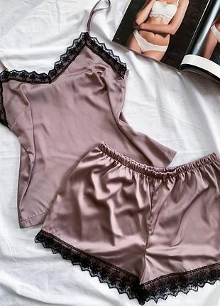Сексуальний шовковий комплект з італ.мереживом, армані, піжама шорті майка, подарунок