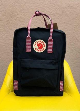 Рюкзак fjallraven kanken black чорний з смугастими ручками купити фьялравен канкен