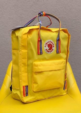 Рюкзак fjallraven kanken rainbow yellow купити фьялравен канкен жовтий з райдужними ручками6 фото