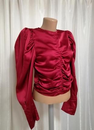 Укороченная блуза атлас с драпировкой пышный рукав фонарик разные цвета