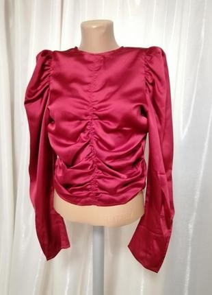 Укороченная блуза атлас с драпировкой пышный рукав фонарик разные цвета3 фото
