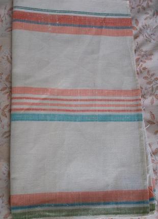 Відріз вінтажній лляної полотенечной білої тканини з помаранчевими і блакитними смужками.2 фото