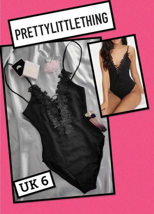 Шикарний чорний боді з мереживом і шнурівкою на бретельках prettylittlething, p-p uk 6