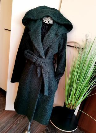 Шикарное шерстяное пальто мантия с капюшоном под пояс изумрудного бутылочного цвета