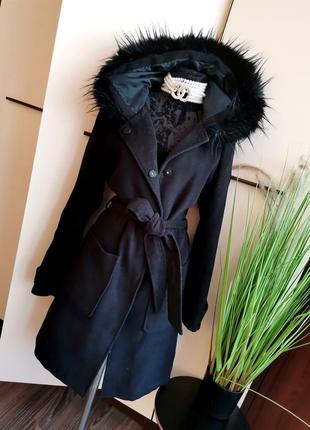 💣ліквідація! стильне чорне пальто на запах з капюшоном і накладними кишенями під пояс