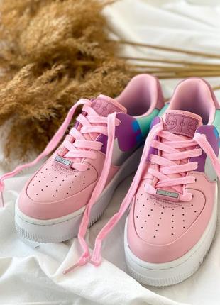 Милые женские кроссовки nike air force 1 розовые с бирюзой3 фото