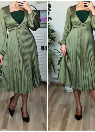 Шовкове міді плаття плісе на запах оливкова нарядна сукня плісироване на запах h&m4 фото