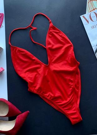 🩱потрясающий красный сдельный купальник/цельный гладкий купальник глубокое декольте🩱