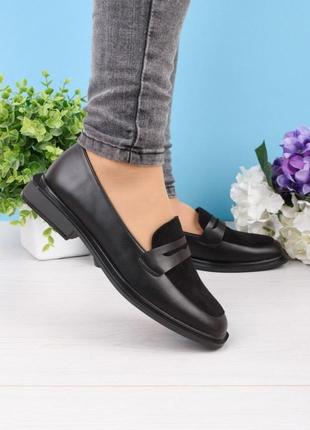Стильные черные туфли балетки лоферы низкий ход модные