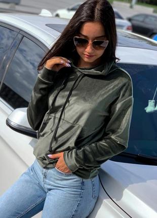 Велюровое худи со шнурком/ бархатное худи/ черное худи/ чорне худі/ 3 цвета